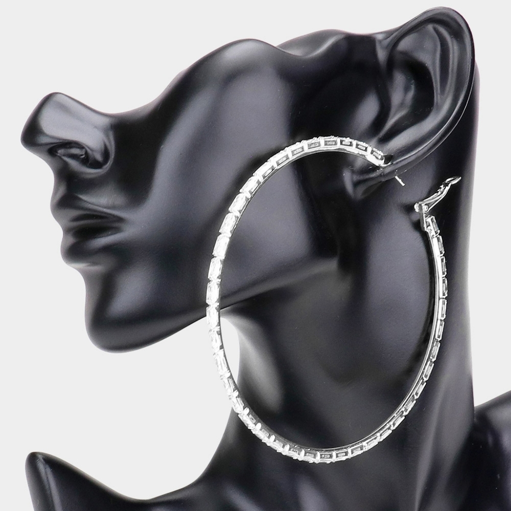Silver Crystal 3.4" Rectangle Stone Round Big Hoop Earrings Rhinestone Bling